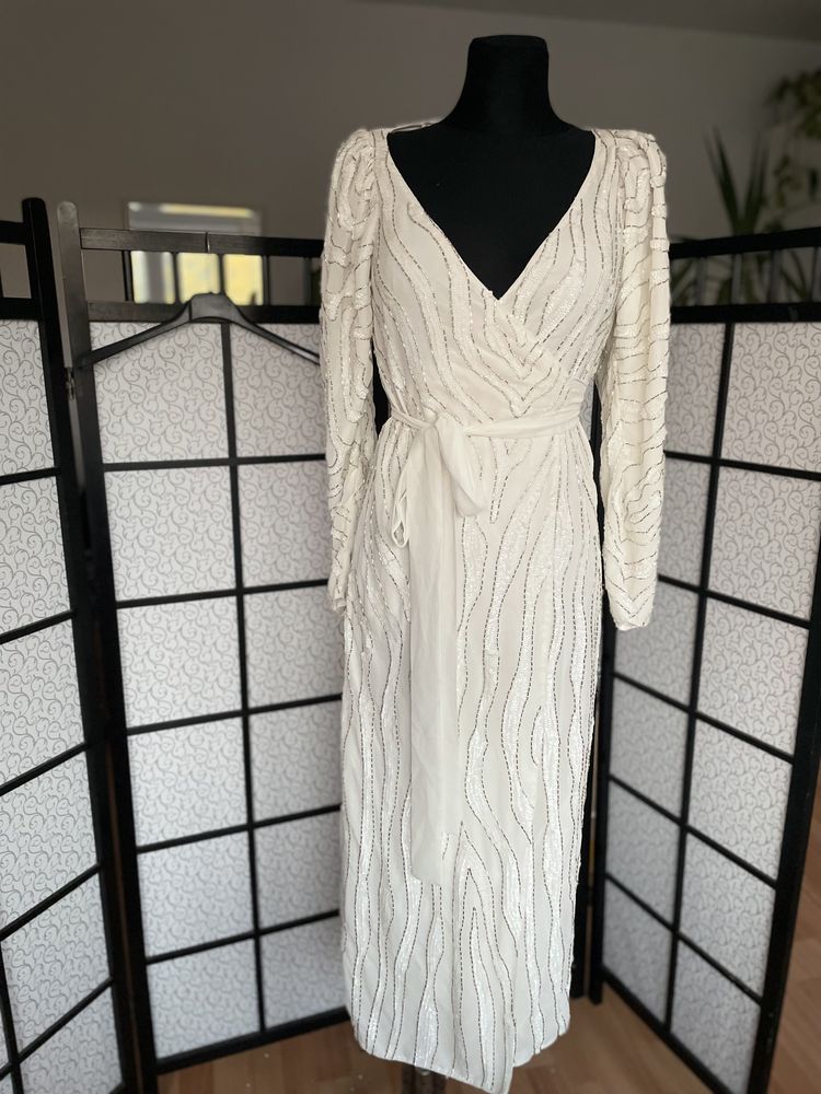 cekinowa sukienka midi kopertowa pasek  32 xxs 34 xs asos luxe