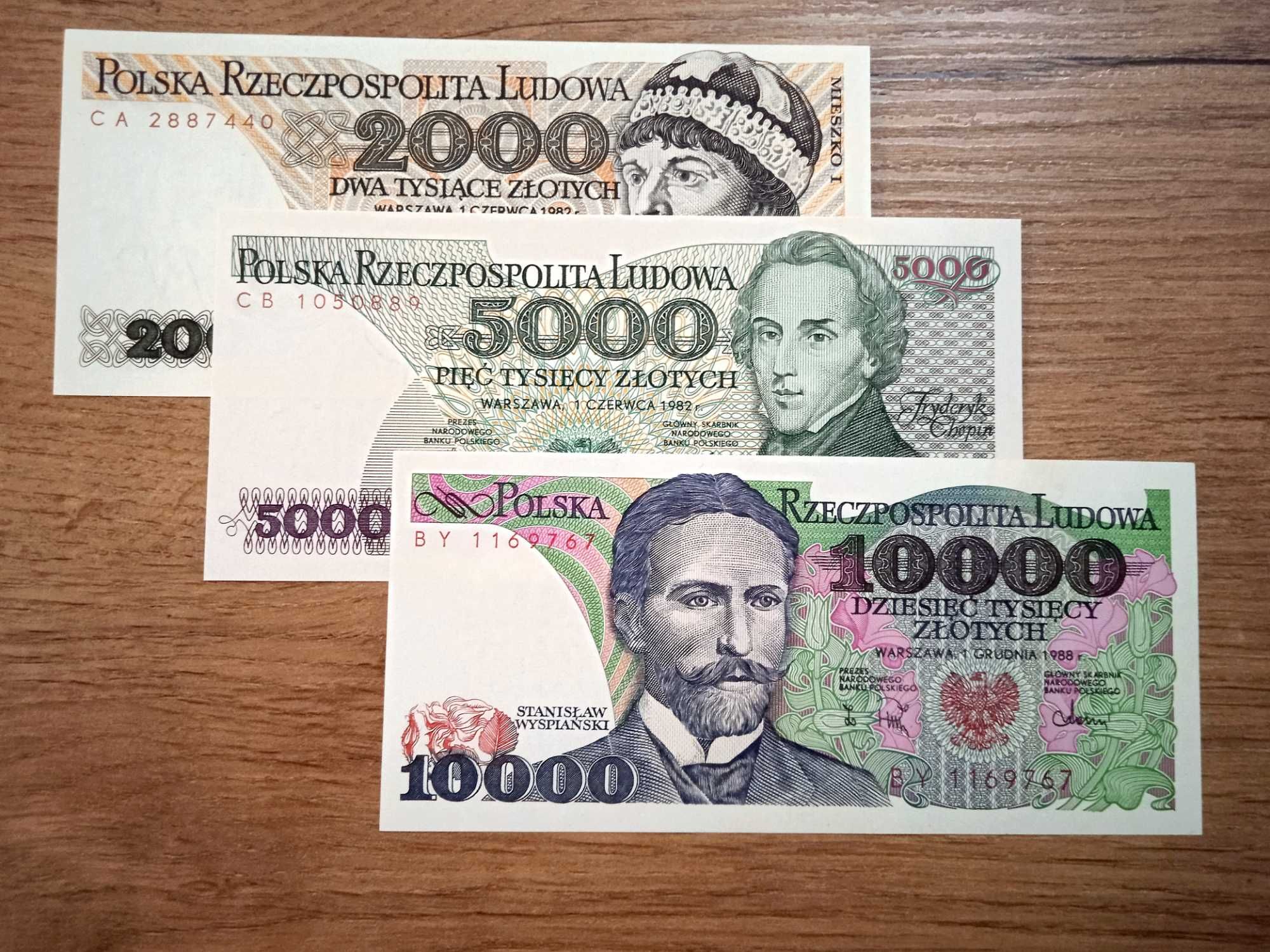 Banknoty PRL zestaw 3 szt. 2000/5000/10000 zł  st. 1 UNC