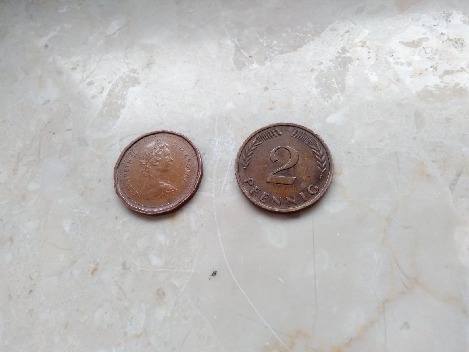 Stara Moneta 1 Cent Canada Elizabeth ll 1982r. Oraz 2 Pfenning 1950r.