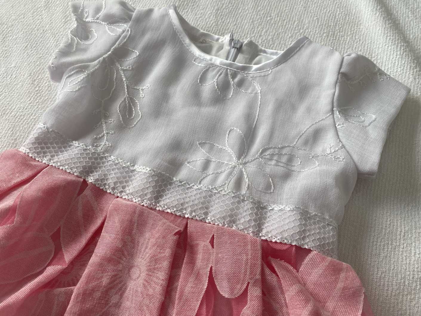 Biało-różowa sukienka w kwiaty z kokardą dla dziewczynki 80