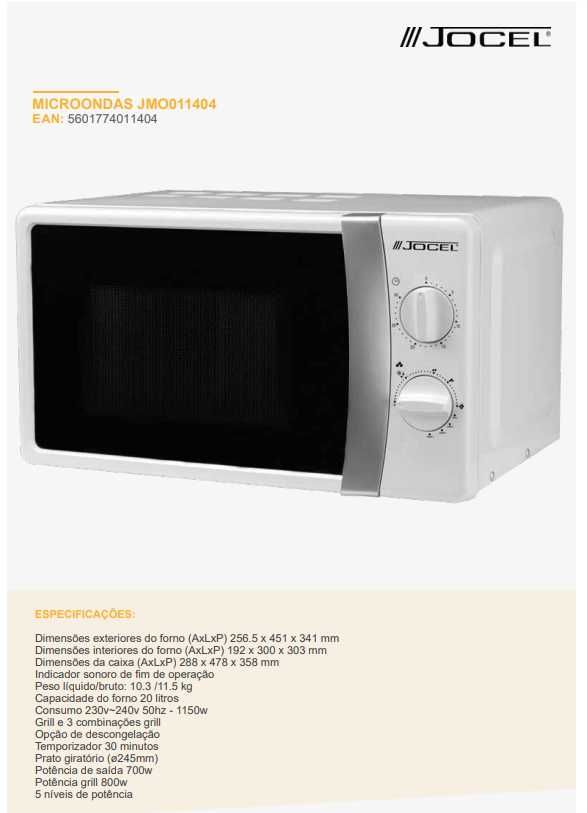 MIcroondas Grill 20L Jocel 700W