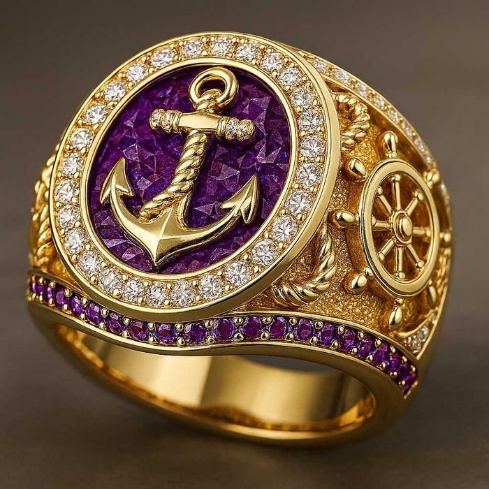 Złoty sygnet pierścień Marynarza Kapitana Żeglarza 18g pr 585 z brylan