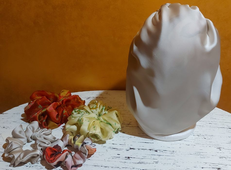 Cieniutki jedwab,  czepek M,  scrunchies  M, XL