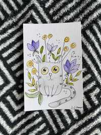Kartka okolicznościowa ilustracja bajkowa kot szary kotek kwiaty boho