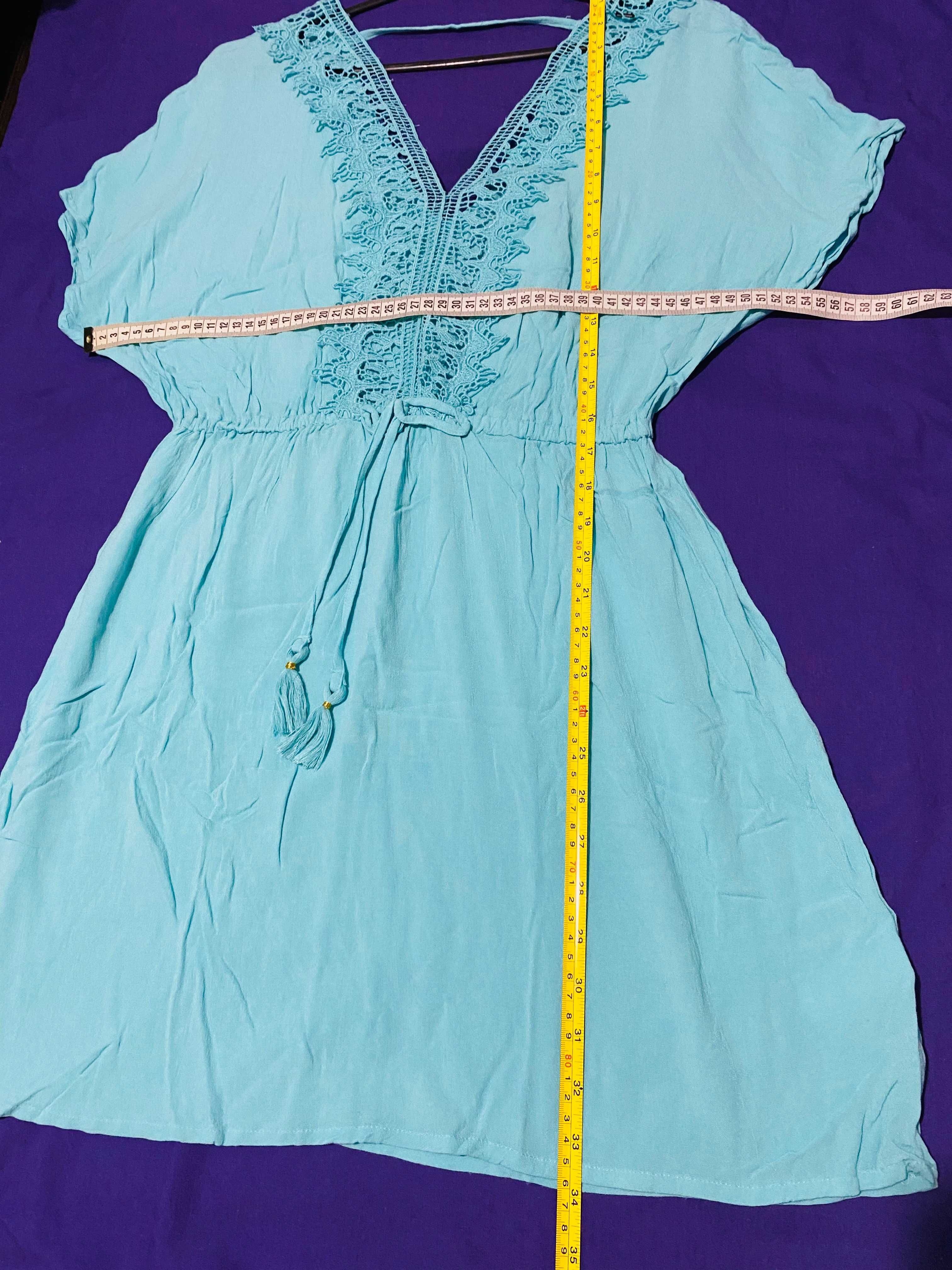 Пляжное платье сарафан открытая спина вышивка плаття бирюза накидка