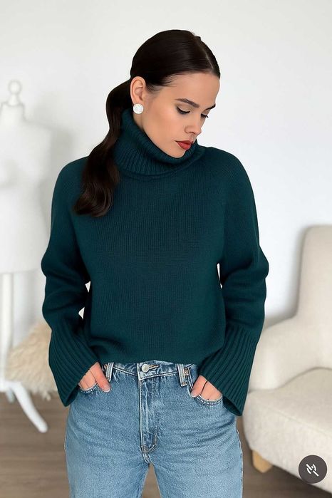 Светр 100% меринос зелений хвоя, бутилочний