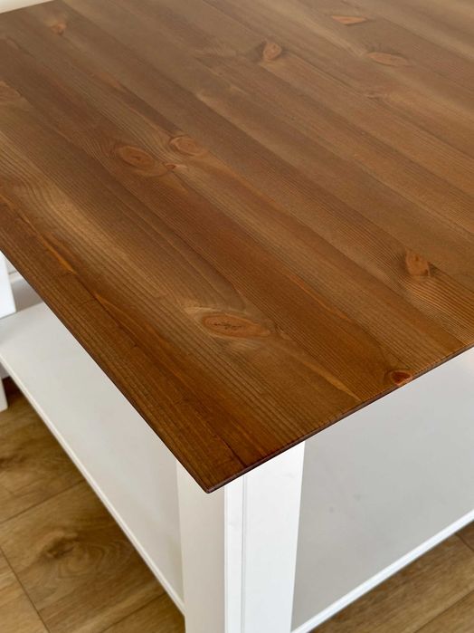 Biała ława sosnowa blat tabacco | uszkodzona, obita, przecena 1040 zł!