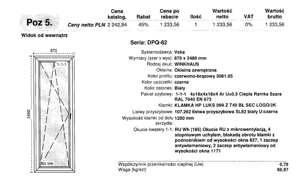 Okna balkonowe 870x2480 mm brązowo-czerwone