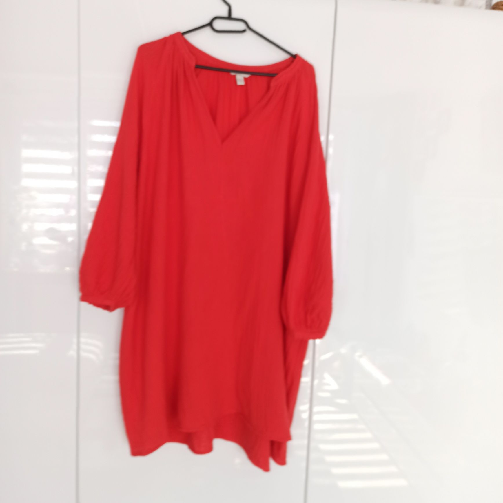 H&M XL 2XL 3XL letnia czerwona muślinowa sukienka z długim rękawem