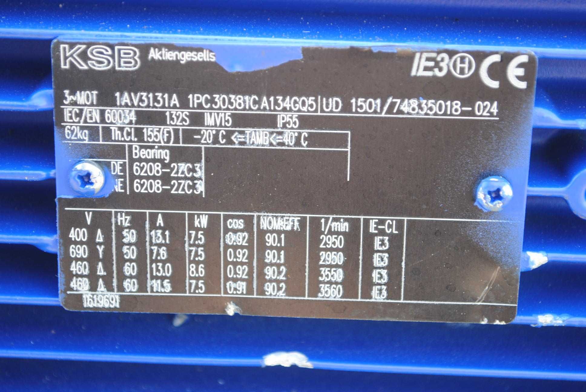 Pompa do wody KSB z silnikiem 7.5kw. 2950obr./min..
