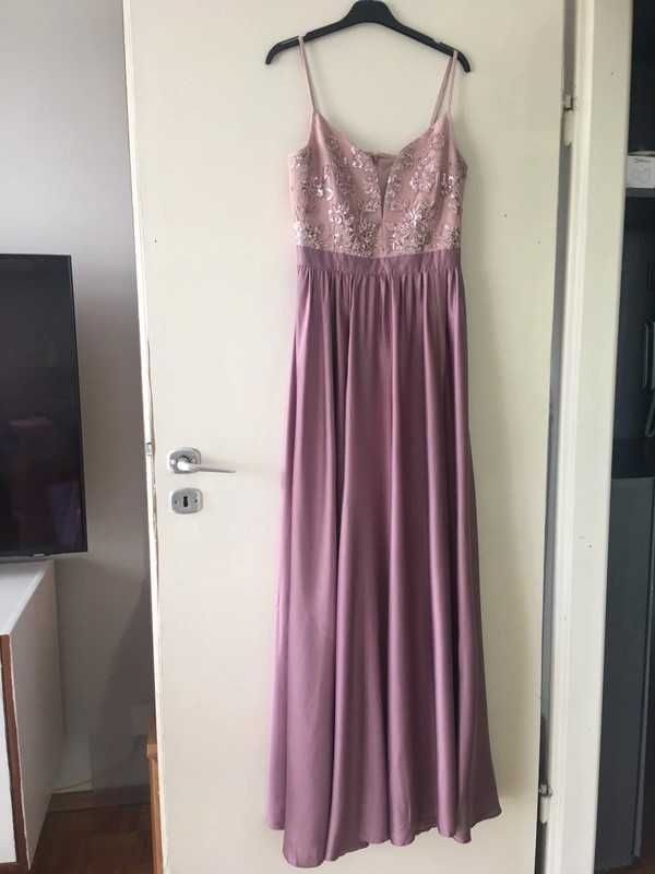 Cekinowa, długa liliowa suknia rozmiar 36