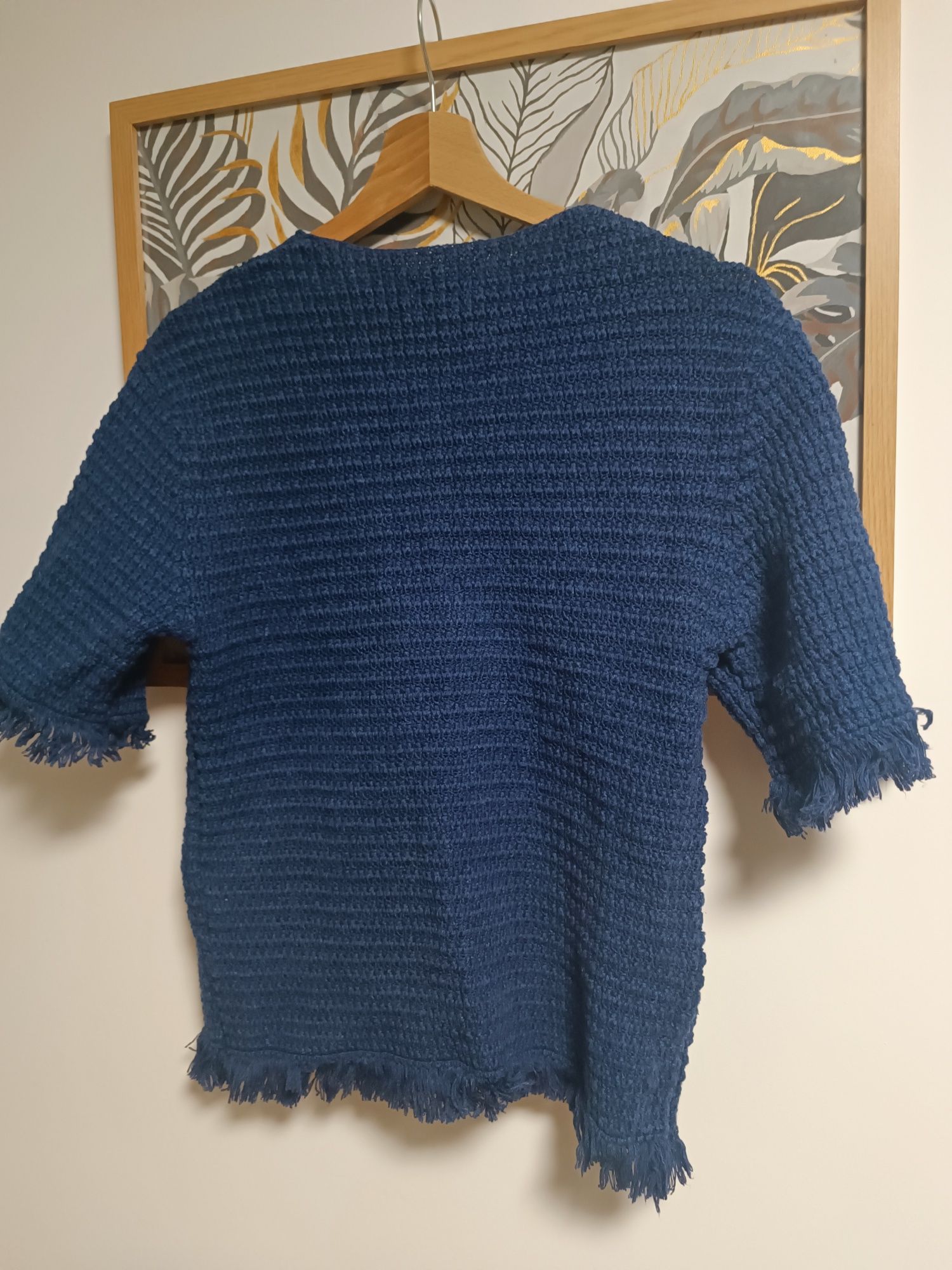 Granatowy sweter rękaw 3/4 z frędzlami GANT