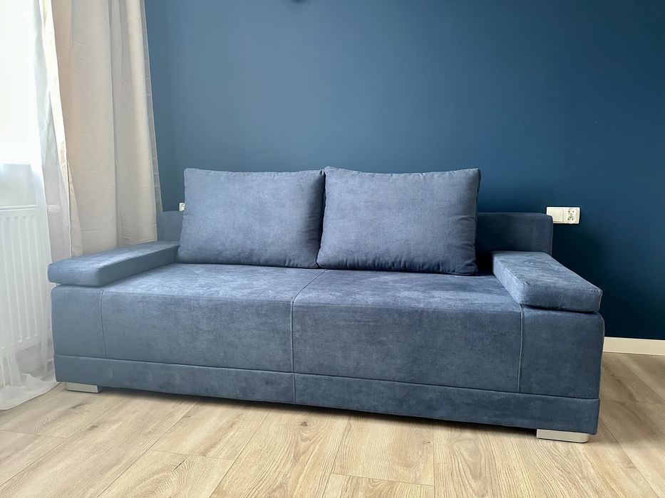 Granatowa sofa RIMINI funkcja spania skrzynia na posiciel gwarancja