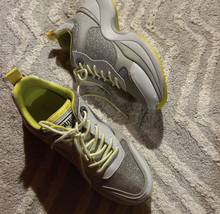 Guess 40 sneakersy buty damskie sportowe brokatowe srebrne limonka