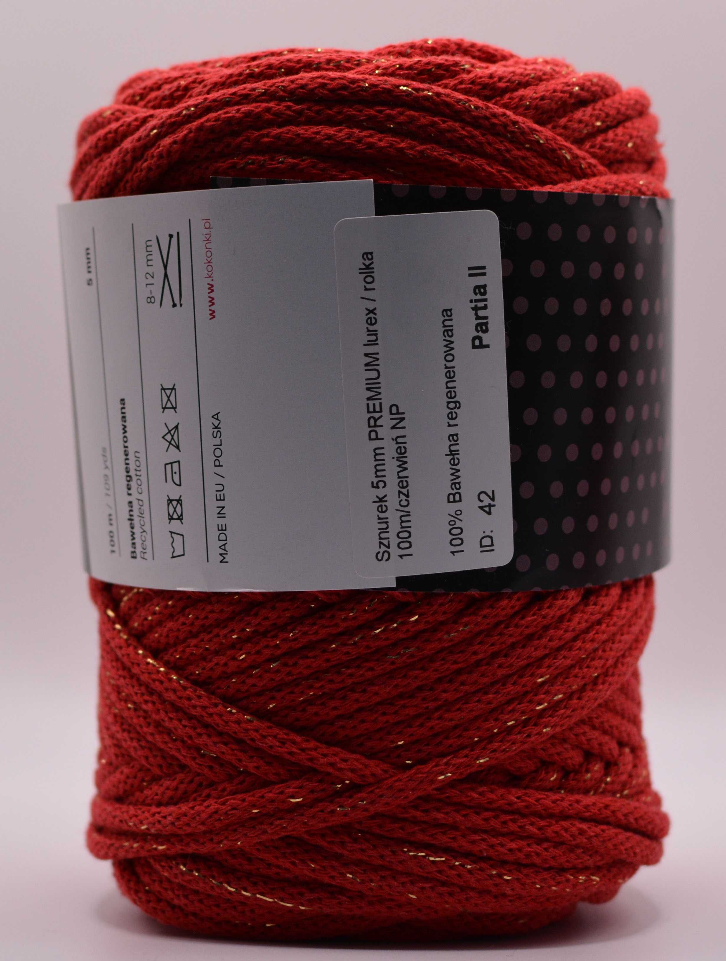 PREMIUM sznurek bawełniany by KOKONKI 5mm macrama 100m czerwony lurex