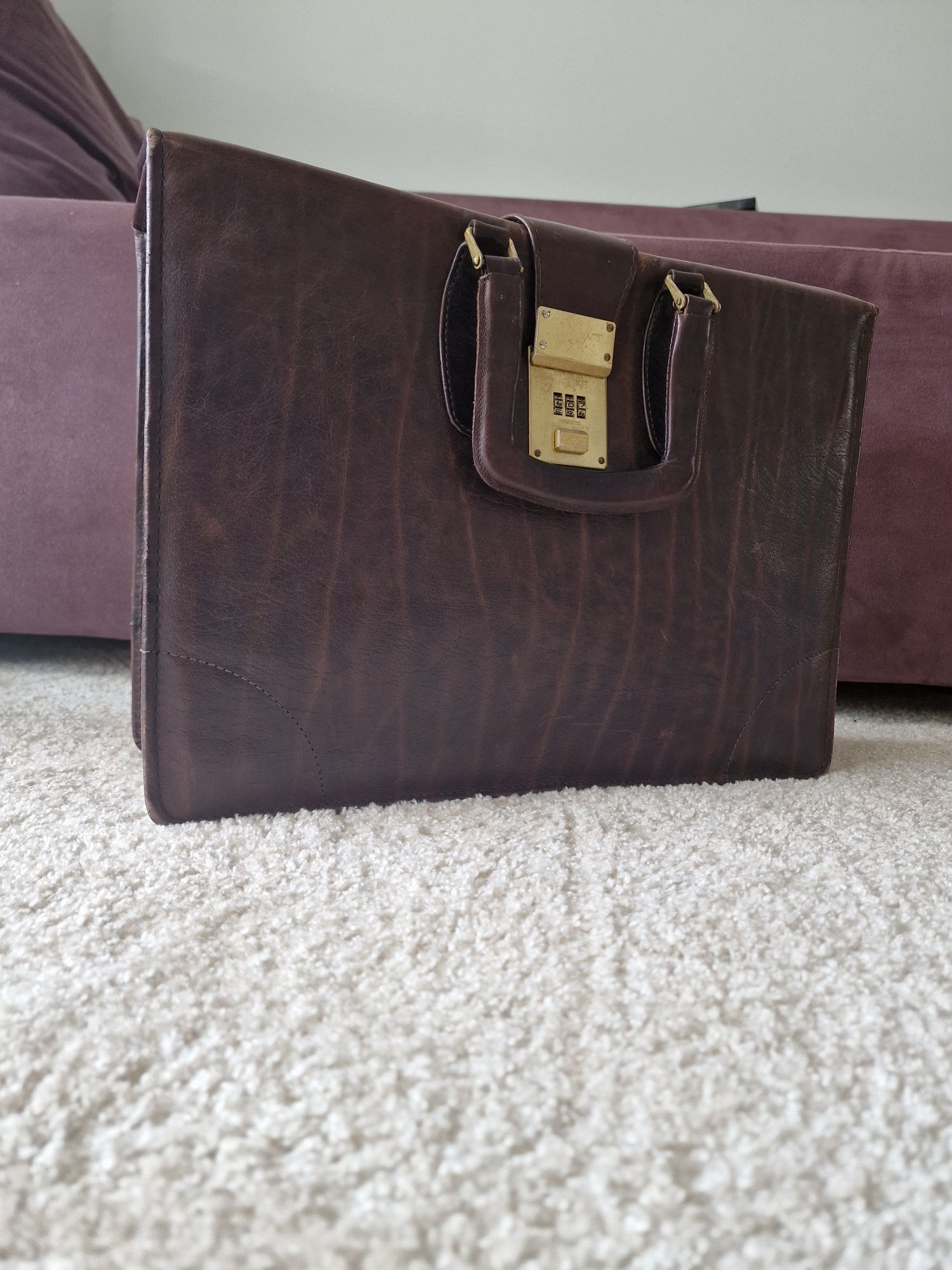 Aktówka torka walizka skóra naturalna skórzana brązowa retro zamek