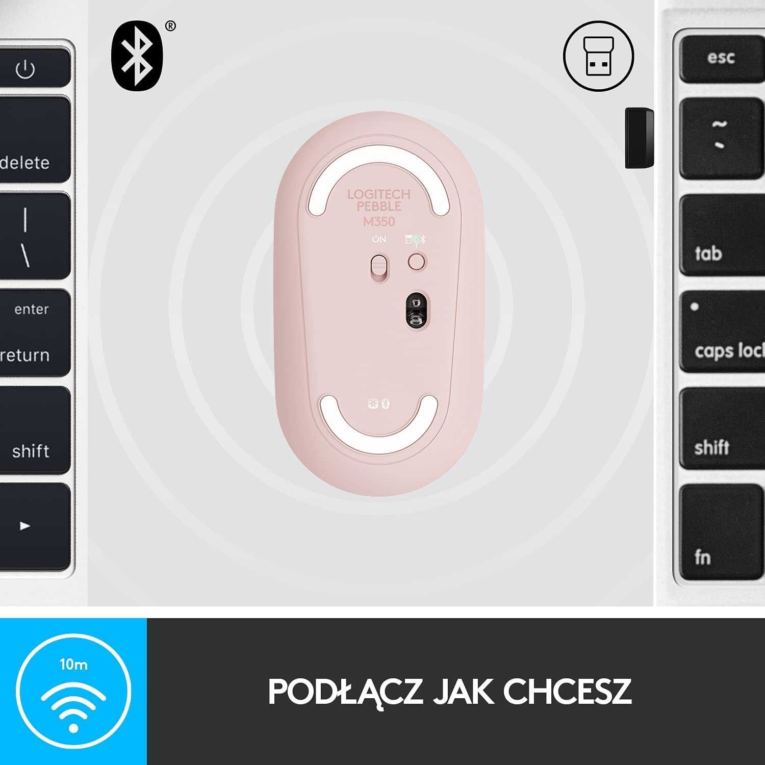 Logitech Pebble M350 Mysz bezprzewodowa Bluetooth Cicha Smukła różowa