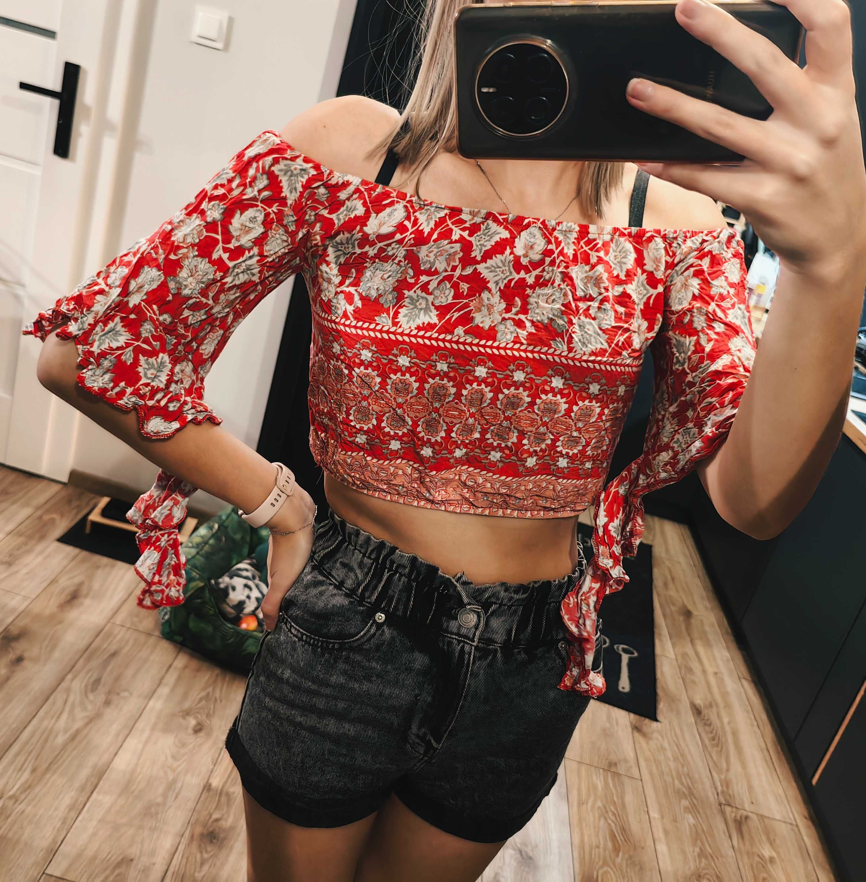 Bluzka hiszpanka crop top czerwona malinowa Parisian S/M falbanki