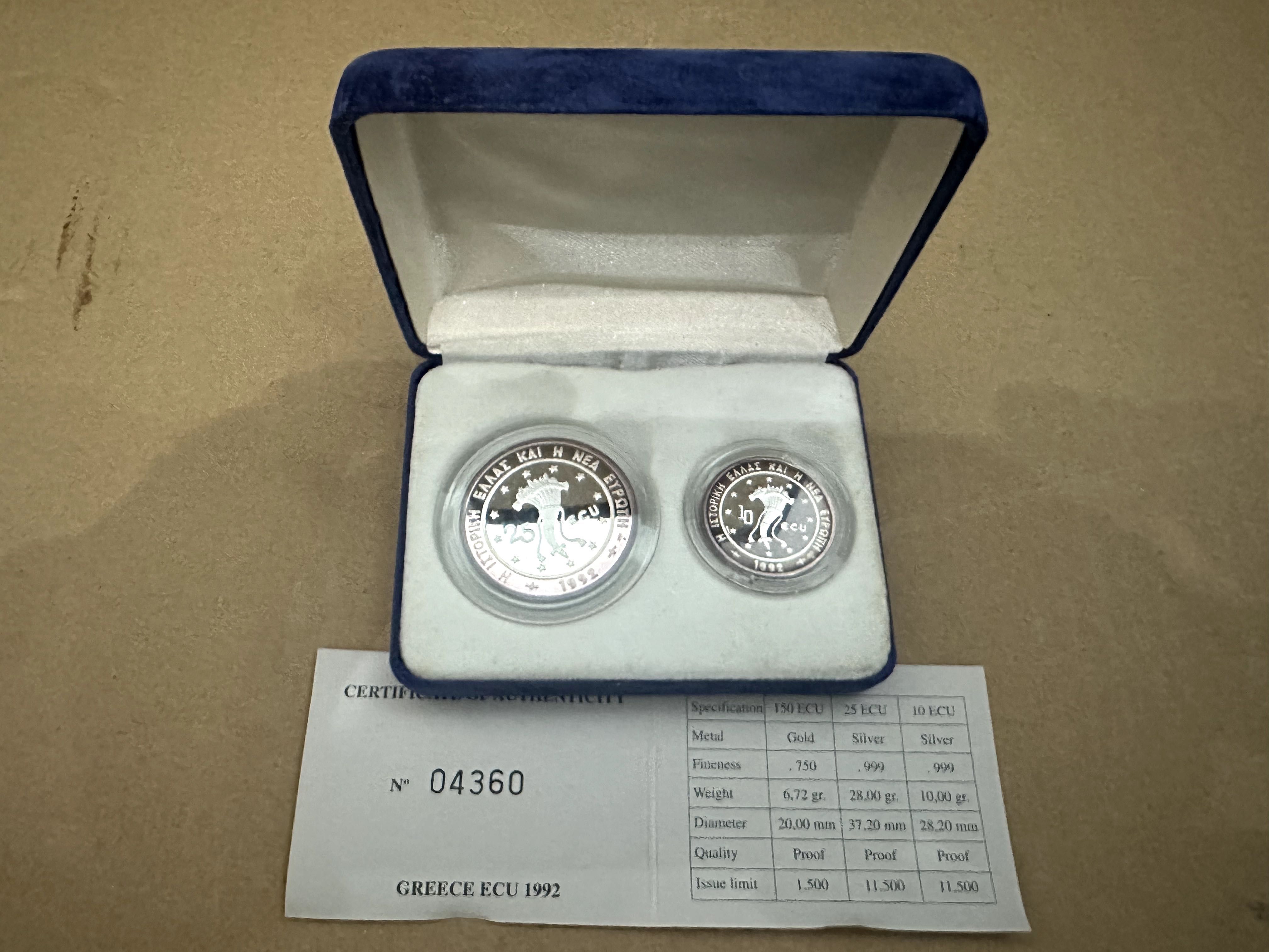 Set 1992 Grécia 2 moedas 10-25 ECU Prata Proof