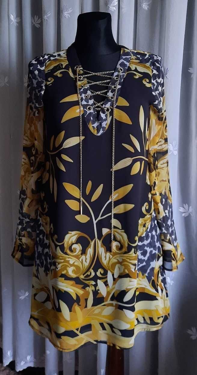 Guess luksus logo łańcuszek czarna musztardowa szyfon sukienka S