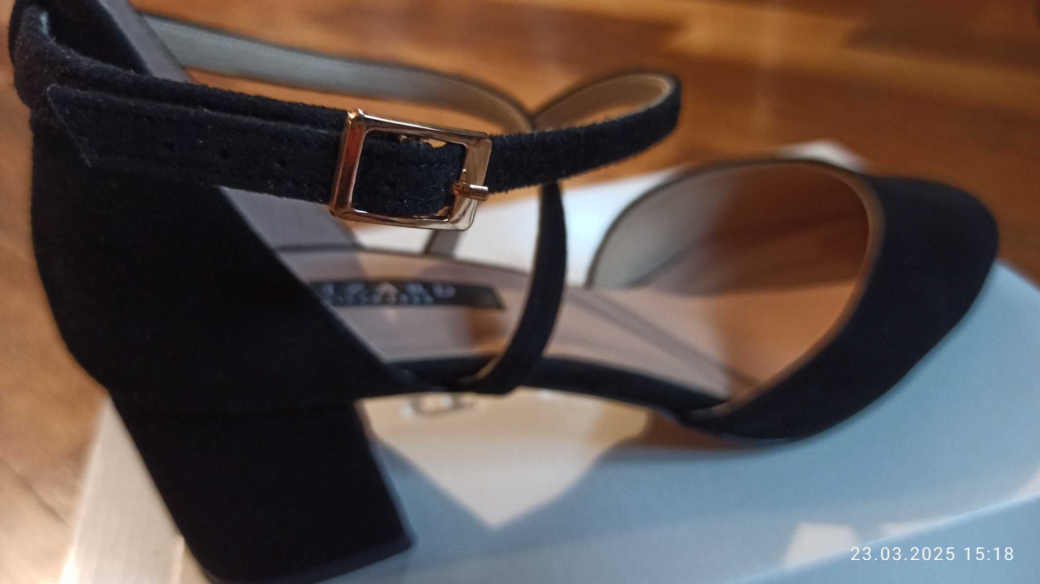 Czółenka buty na obcasie słupku. Czarne Modne paski skóra zamsz! Gwar