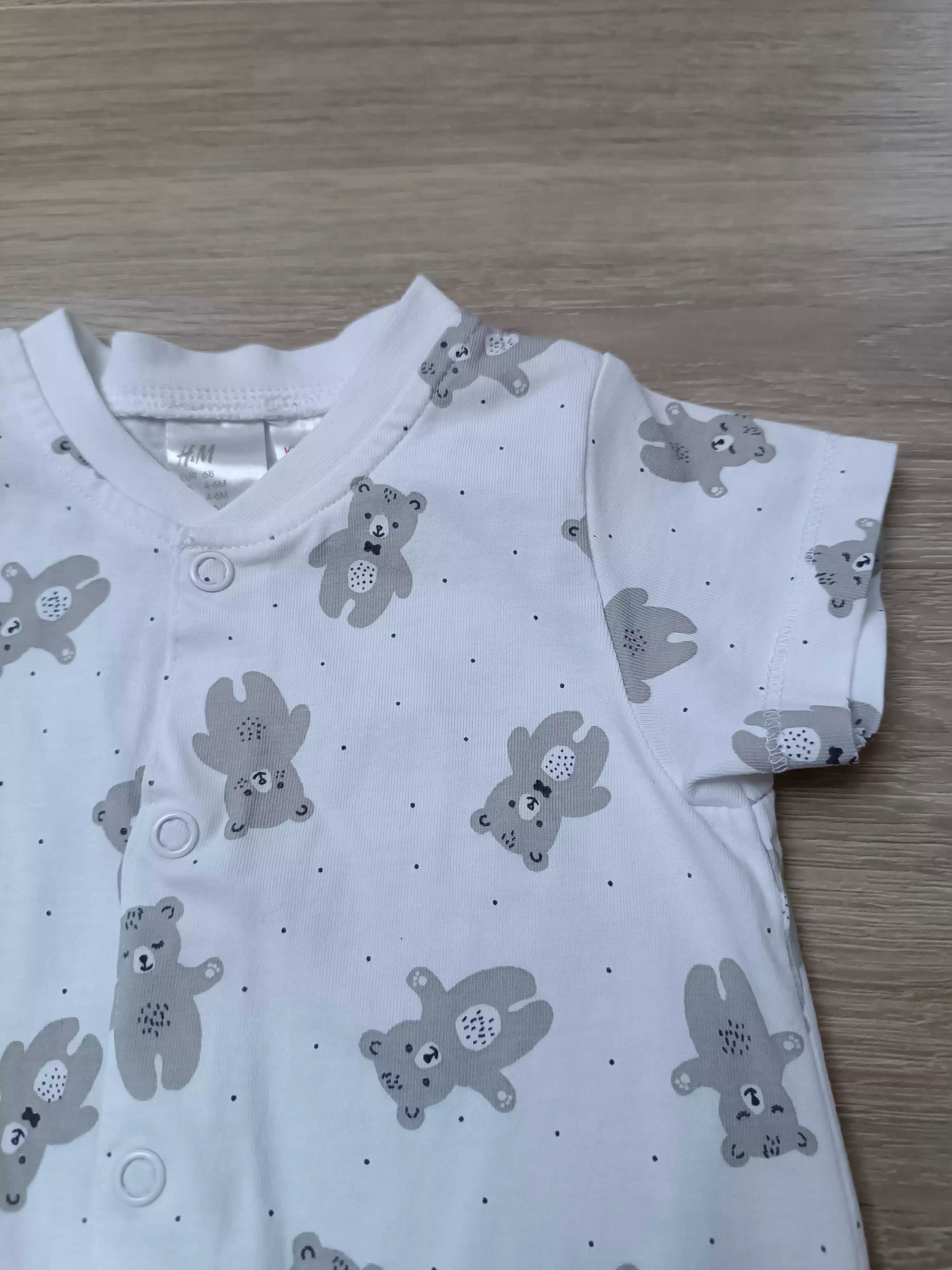 Rampers krótki rękaw bawełna zatrzaski biały szare misie 'H&M' 68