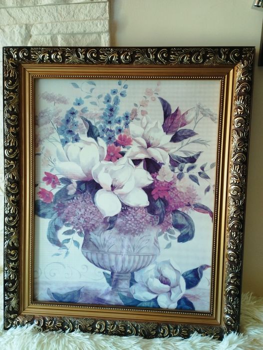 Piękny duży obraz retro kwiaty  w ozdobnej ramie 61x51 cm