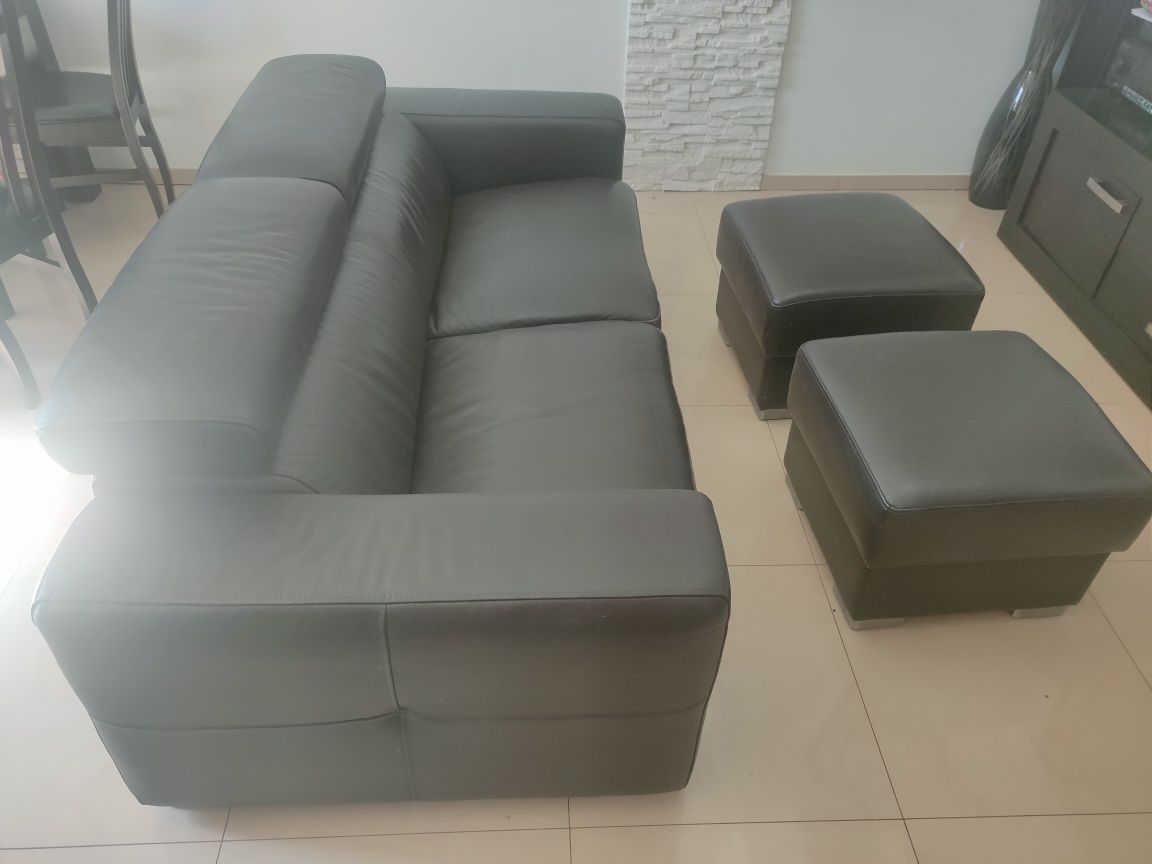 Sofa skórzana wenge + dwie pufy