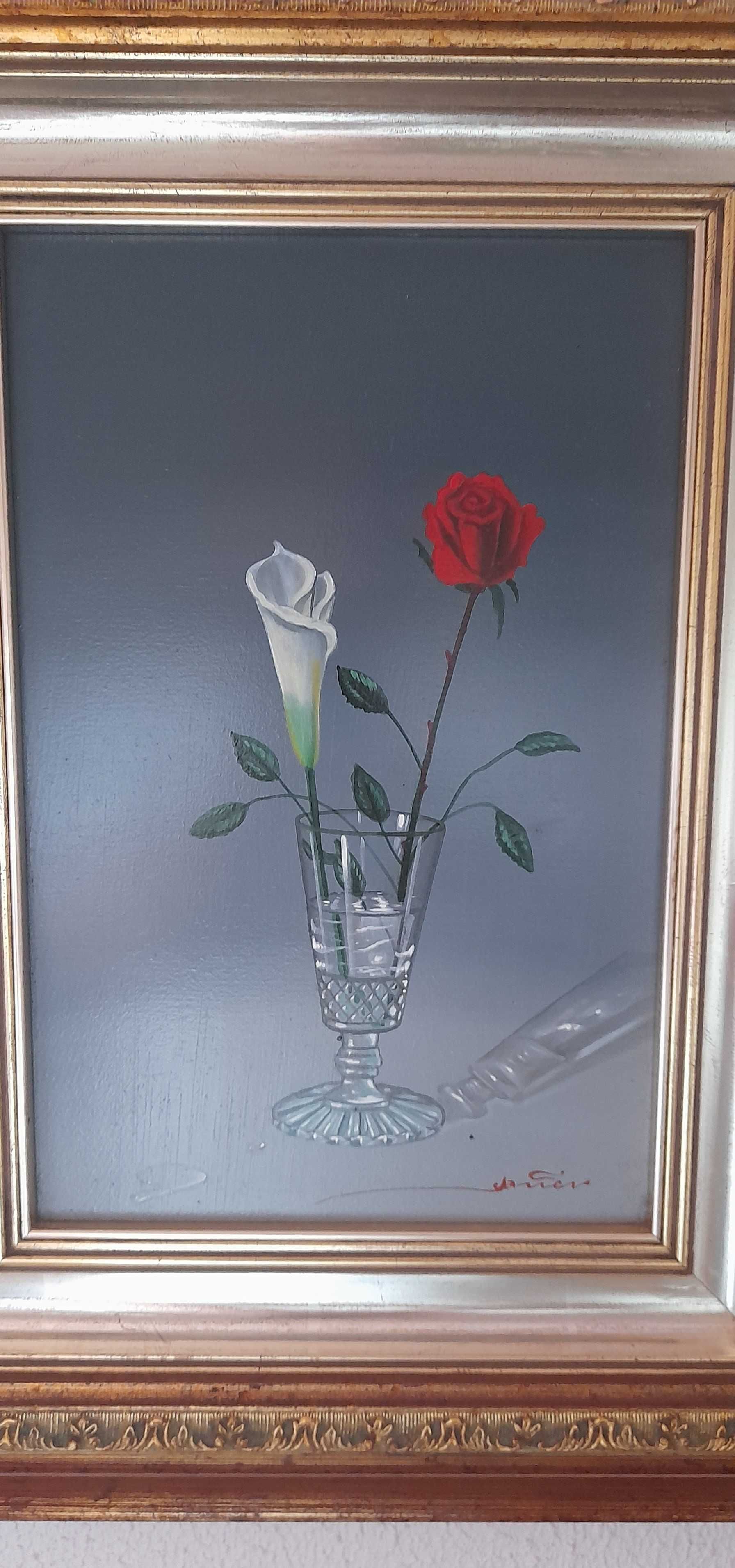 Quadro com Rosa Vermelha e Jarro Branco