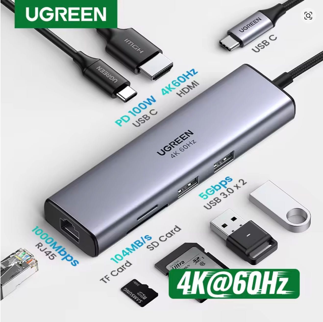 док-станція UGREEN USB C HUB 4K60Hz 7-in-1 (60515)