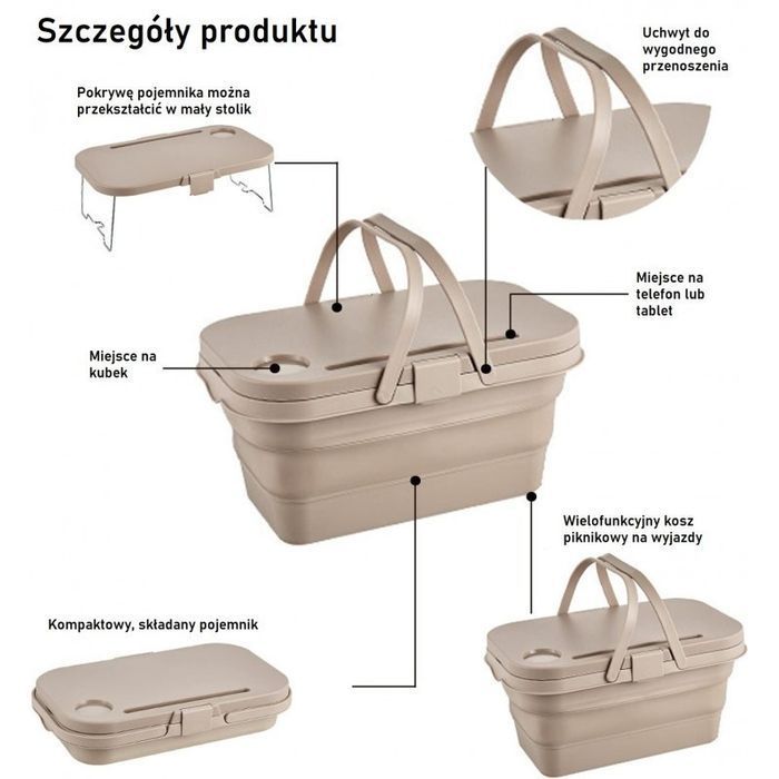 Składany Kosz Piknikowy 3W1, Stolik, Pojemnik Kp03K