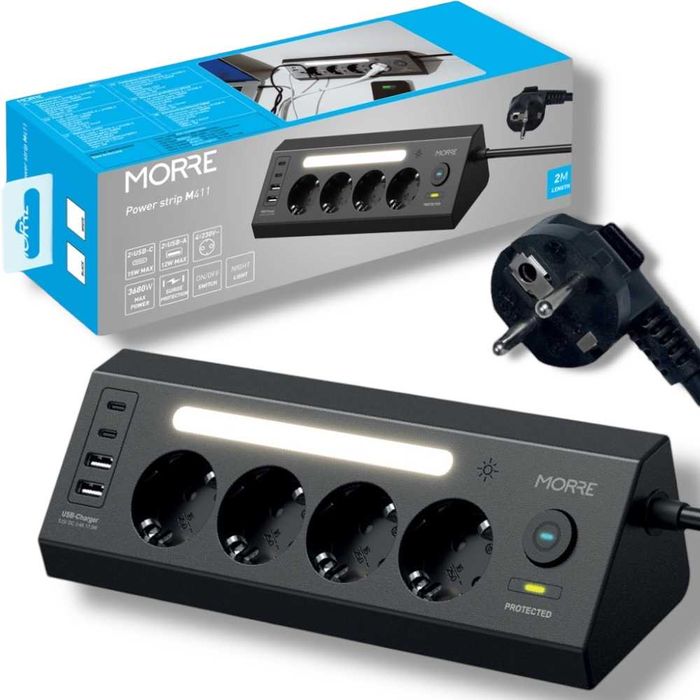 Kутовий подовжувач 3680 Вт, 4×AC + 4×USB, LED-нічник, кабель 2 м