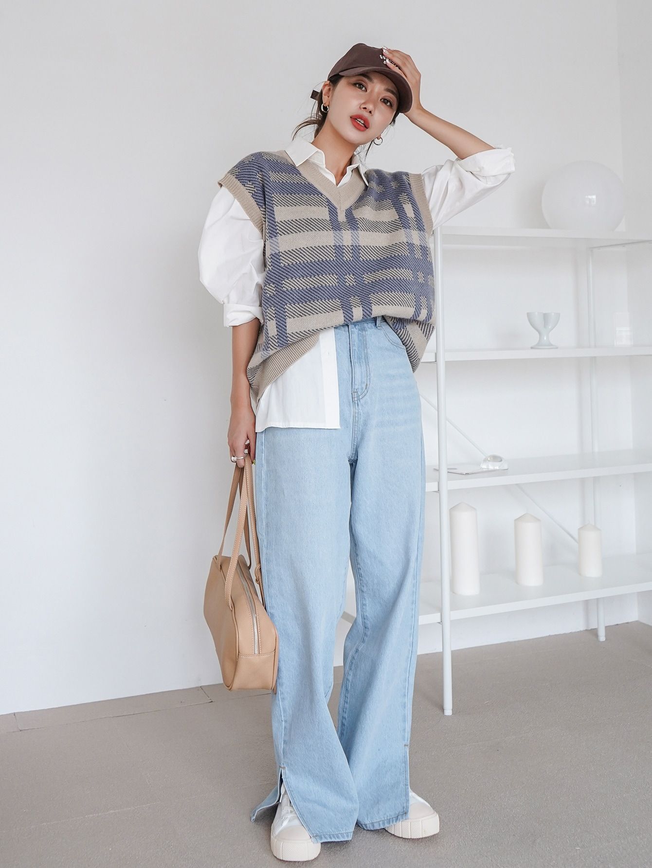 Sweterek Kamizelka Oversize Luźna W Kratkę Z Dekoltem V Casual Dazy M