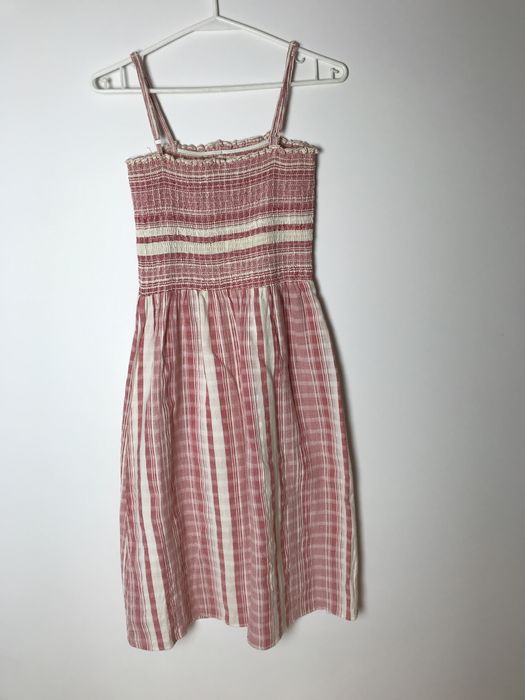 Malinowa bawełniana sukienka w paski cottage core, real vintage