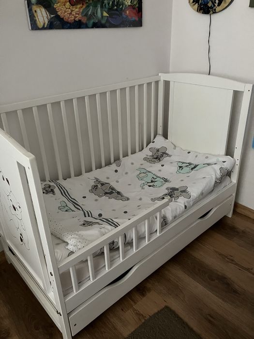 Łóżeczko drewniane białe z szufladą +materac+akcesoria