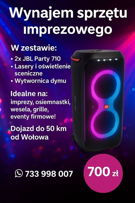 Wynajem Nagłośnienia JBL Lasery Dym Namiot imprezowy Wołów okolice