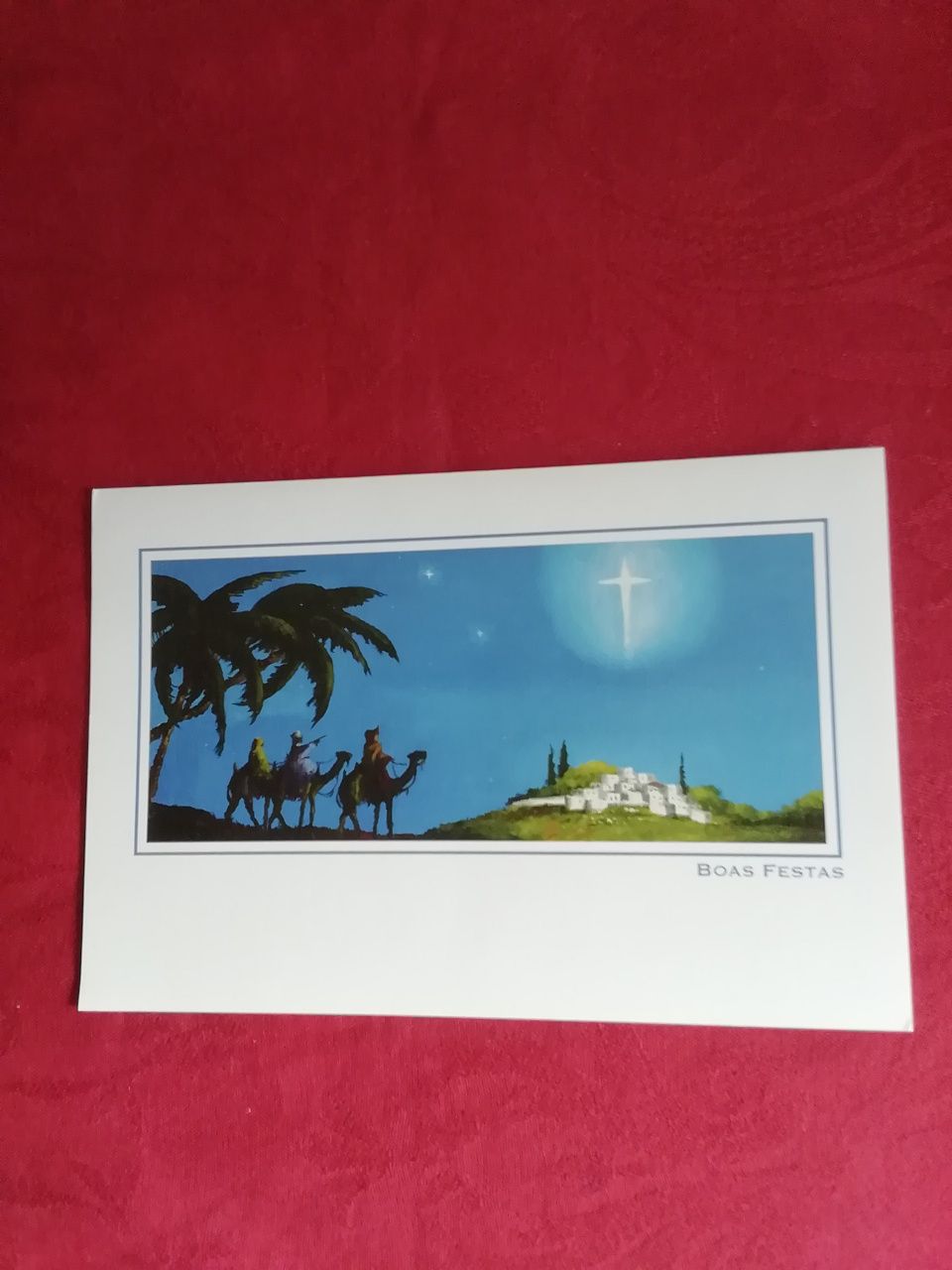 Postal Boas Festas, pintado com a boca
