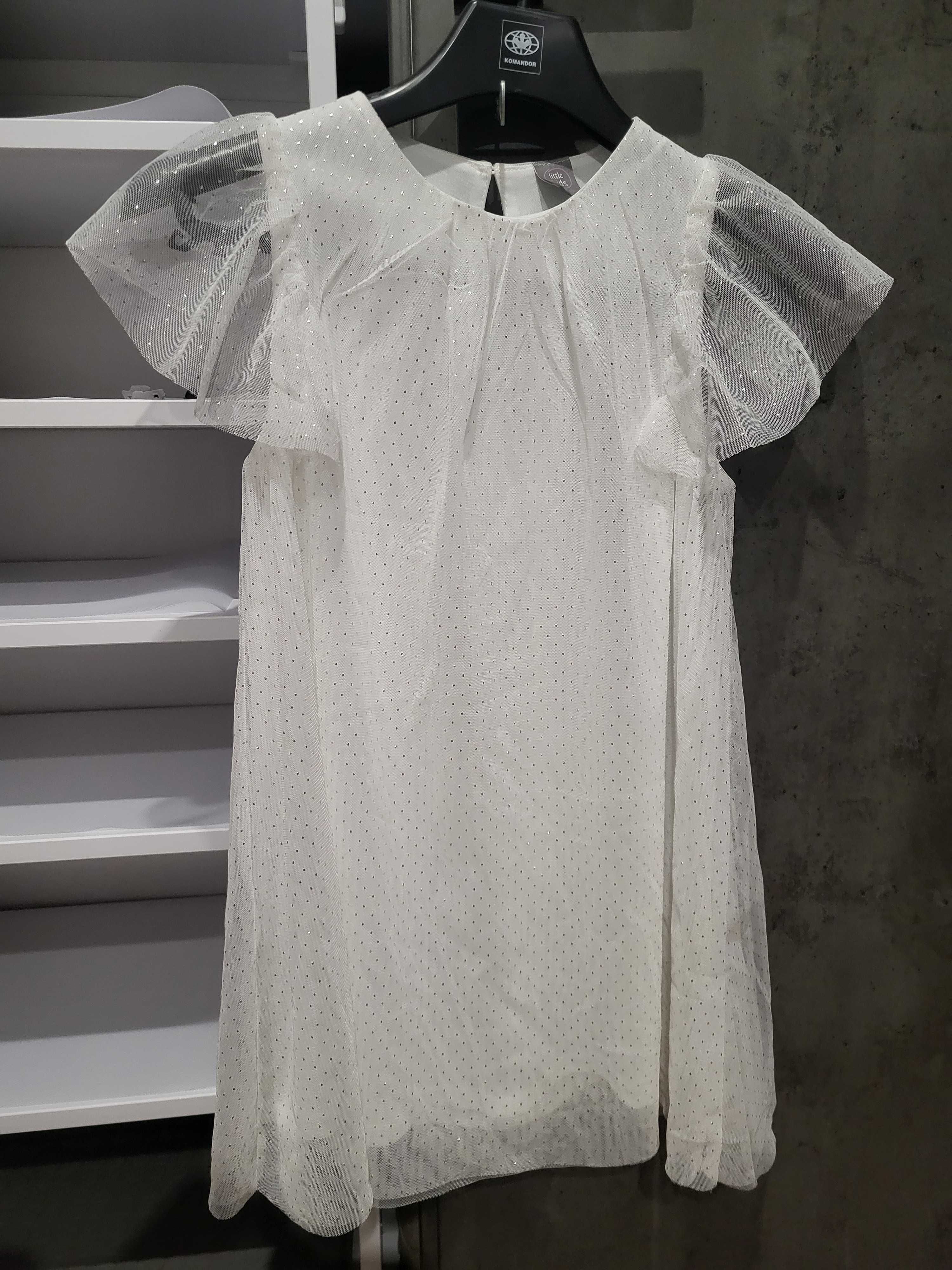 Prześliczna biała sukienka tiul srebrn kropeczki nowa bez metki r. 128