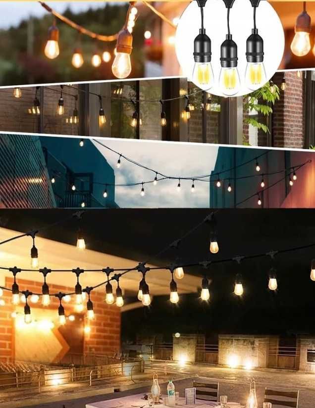 Girlanda Ogrodowa Zewnętrzna Świetlna 15 metrów+ 15 Żarówek LED Lampki