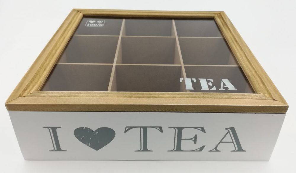 Nowa Drewniana Skrzyneczka pudełko na herbatę 9 przegrudek organizer