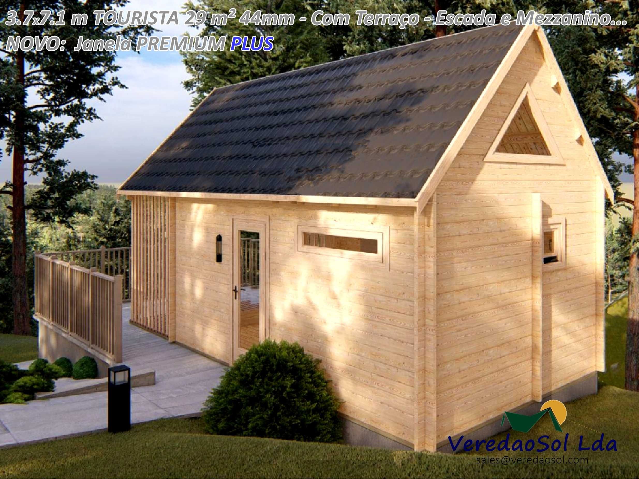 KIT Casa madeira TOURISTA 44mm 29m² - c.d. Banho - Mezanino - Terraço