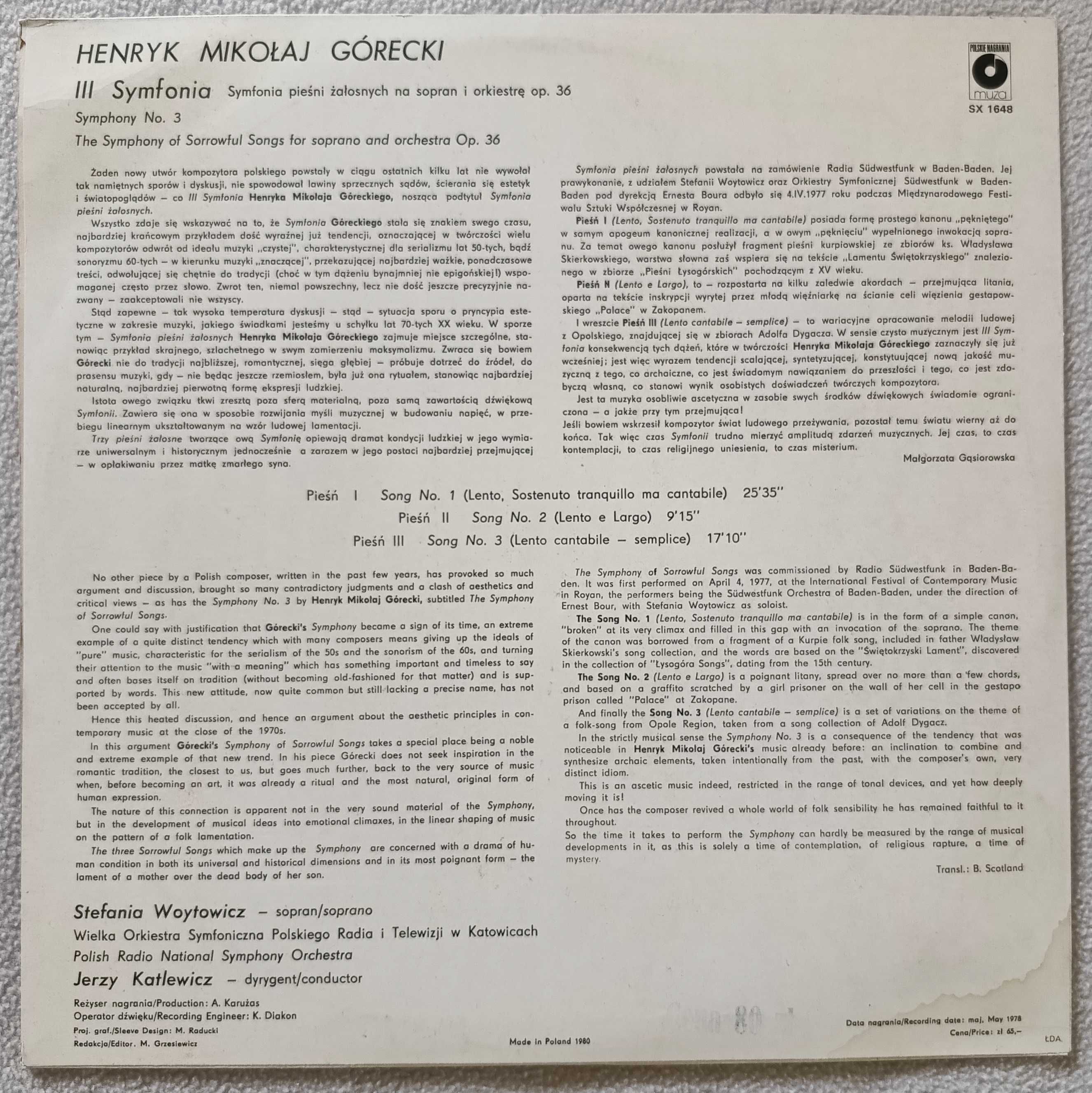 H.M. Górecki - III Symfonia. Płyta winylowa !