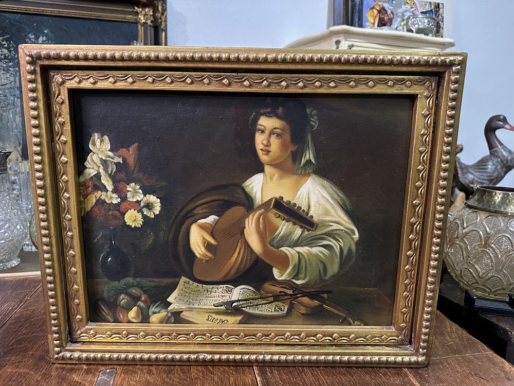 Caravaggio gracz na Lutni Obraz na płycie piekna złota rama 155