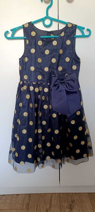 Sukienka elegancka dziewczynka tiulowa kropki granatowa wesele 128 H&M