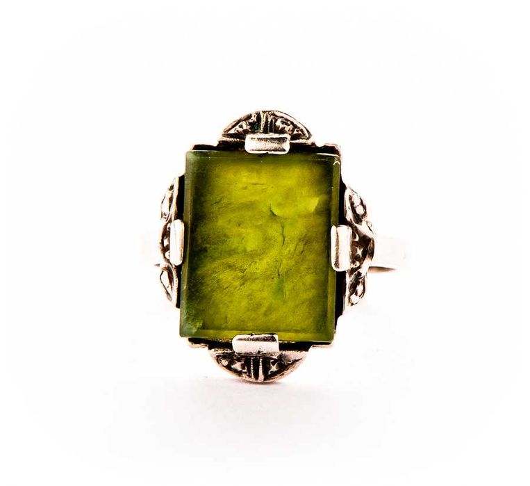 Stary Niemiecki Srebrny Pierścionek - Nefryt - 5,45g - WEGAR - Kraków