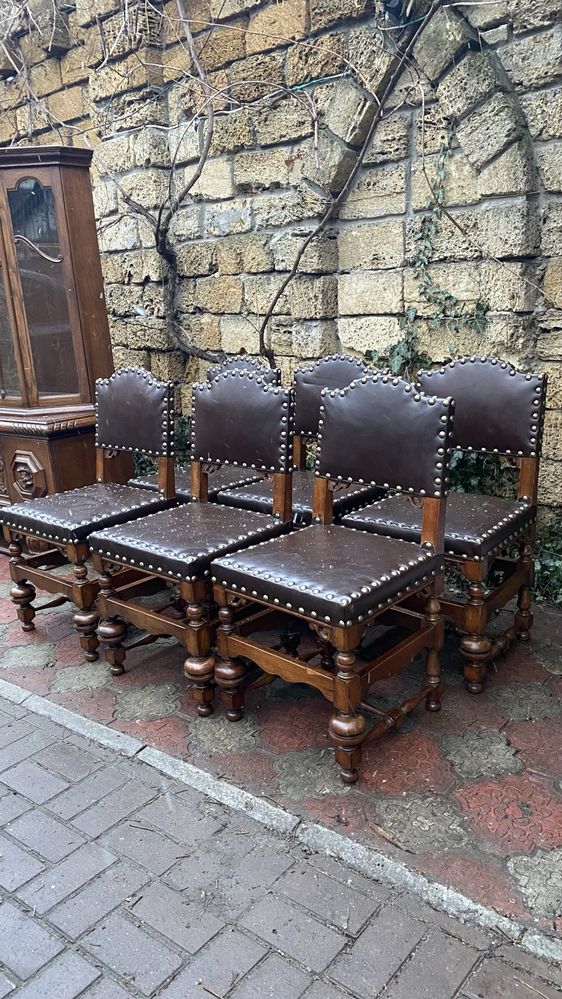 6 стульев в коже с клепками, дуб, прочная мебель из Голландии