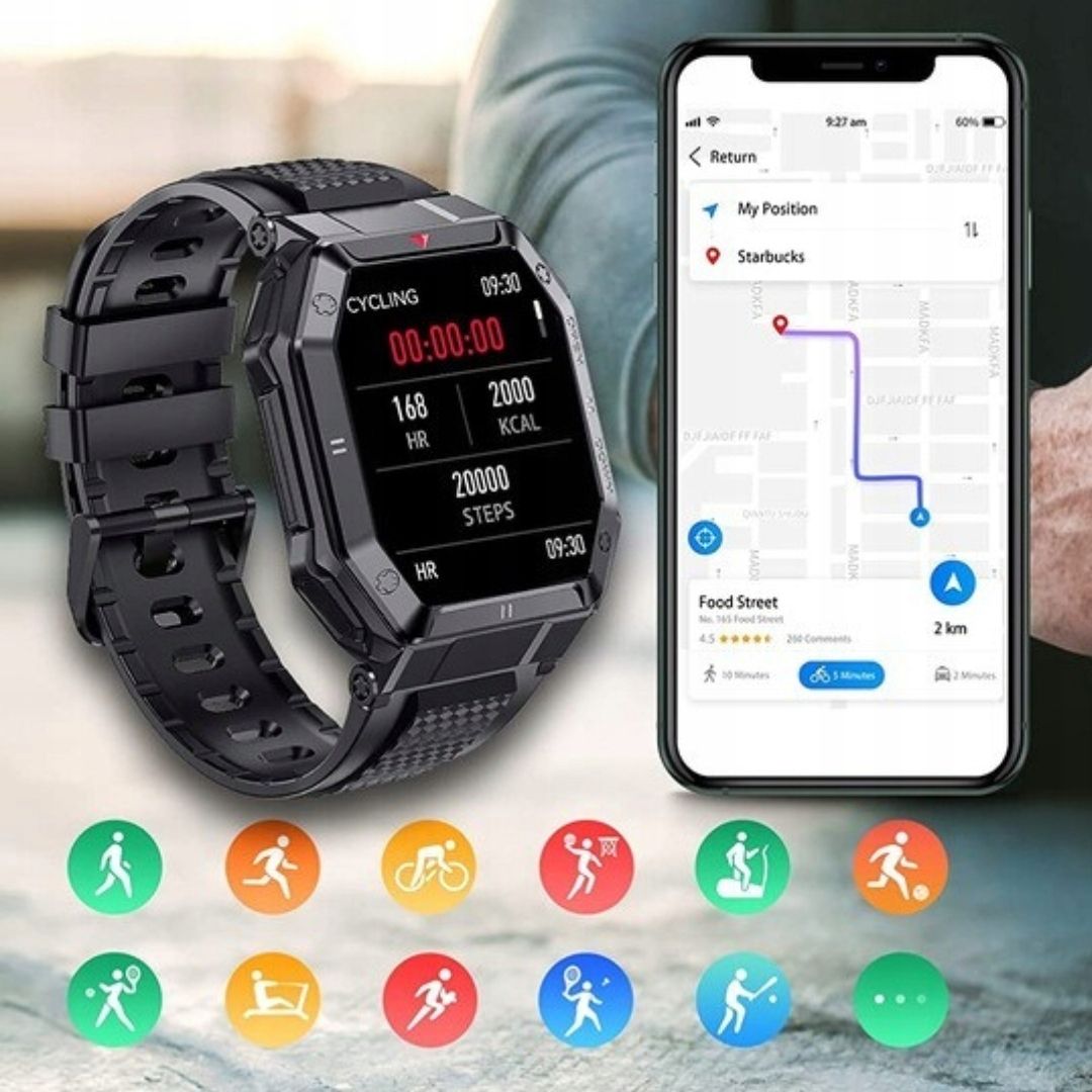 Smartwatch Męski Zegarek Rozmowy Puls Tętno Kroki - Czarny