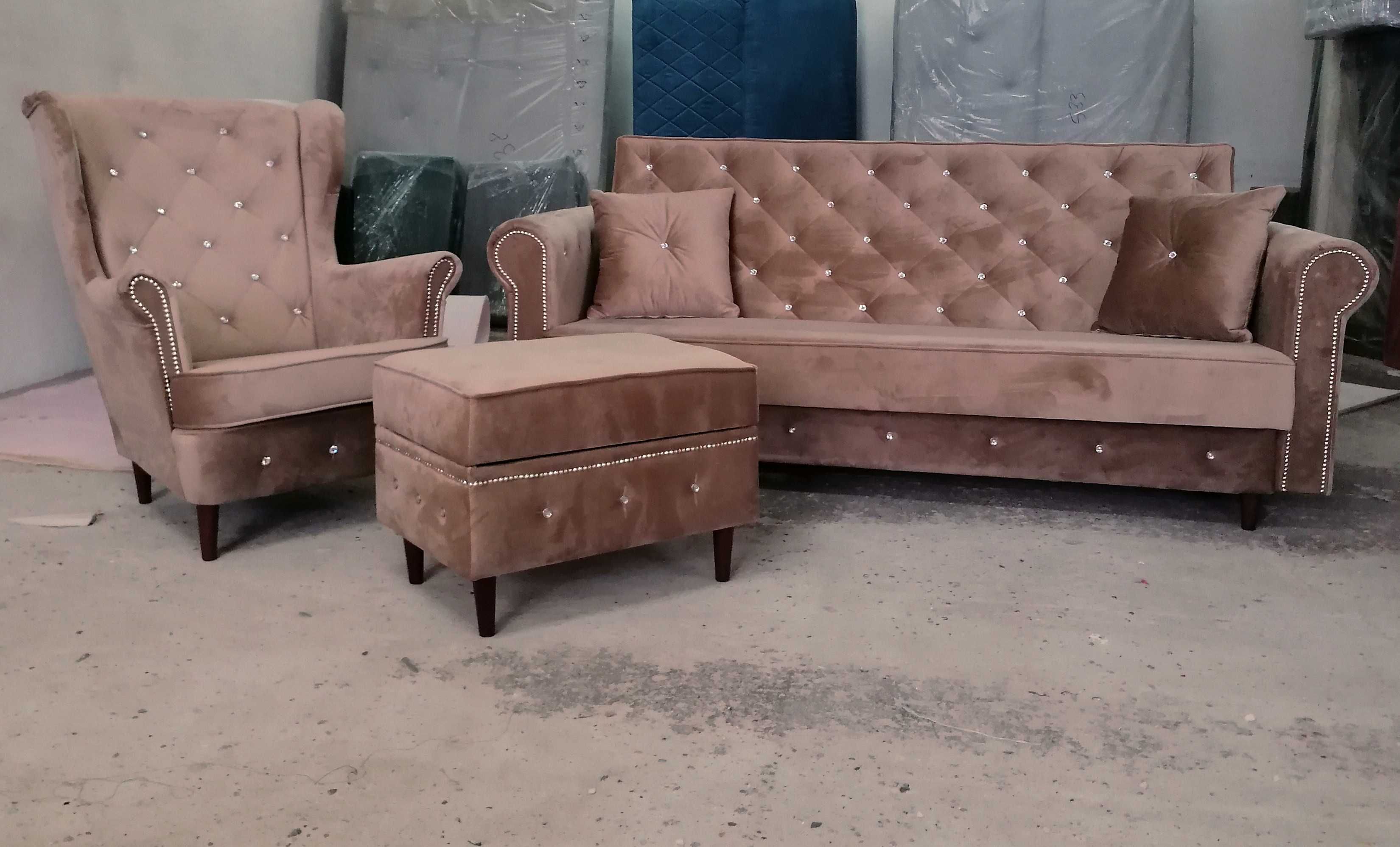 RATY komplet zestaw Chesterfield sofa rozkładana wersalka fotel uszak
