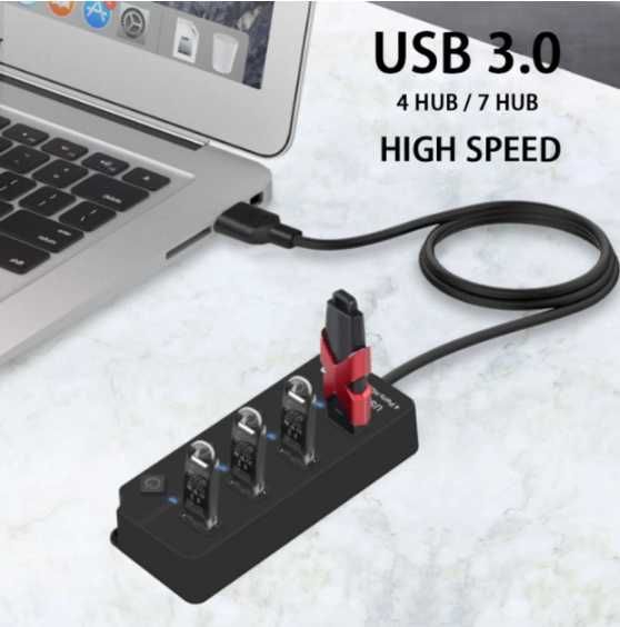 USB 3.0 концентратор на 4 порти Чорний USB-хаб HUB з вимикачами