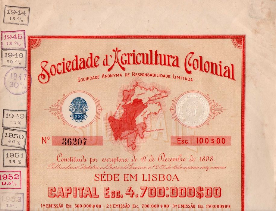 Título de 1 Acçaõ da Sociedade d´Agricultura Colonial (1944)